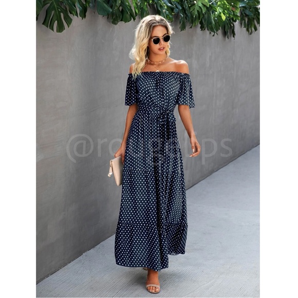 Rouge! Dresses & Skirts - Off Shoulder Navy Blue Polka Dot Maxi Dress Flared, Flounce, Long, belted
